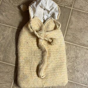 Vintage 1960s Wool Baby Bunting Bag – Hand-Knit Hooded Swaddle Sack with Pom-Pom